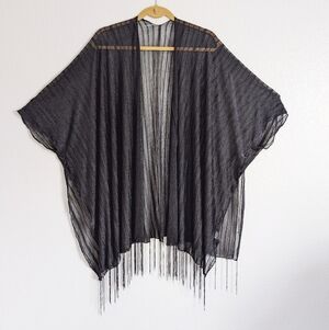 Jessica McClintock Vintage 80s Chic Art Deco Black Sheer Draping Fringe Kimono